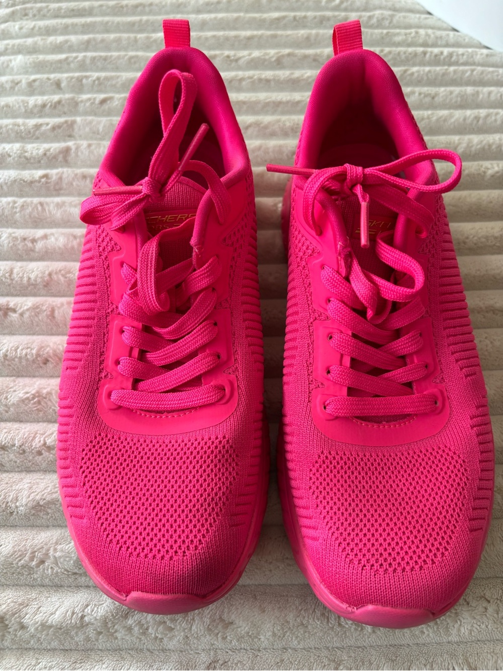 Skechers Women's Bright Pink Knit Lace-Up Athletic Sneakers